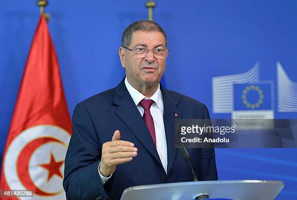 Prime Minister of Tunisia Habib Essid speaks during a press conference with European Commission President Jean Claude Juncker following a meeting at...