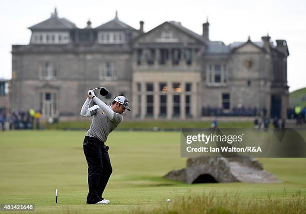 Louis Oosthuizen of South Africa hits his tee shot on the 18th hole during the play off of the 144th Open Championship at The Old Course on July 20,...