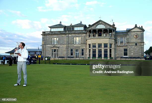 Zach Johnson of the United States kisses the Claret Jug after winning the 144th Open Championship at The Old Course during a 4-hole playoff on July...