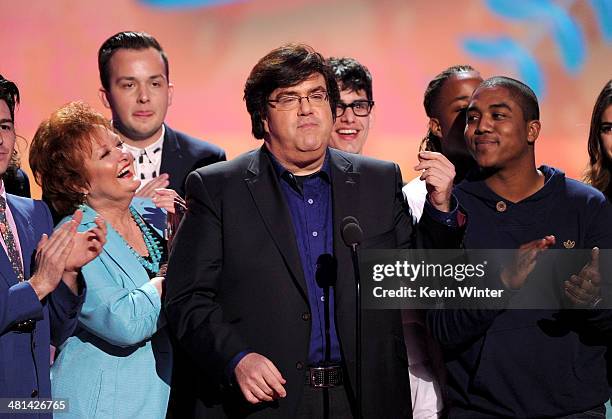 Writer/producer Dan Schneider accepts the Lifetime Achievement Award onstage with actors Maree Cheatham and Christopher Massey onstage during...