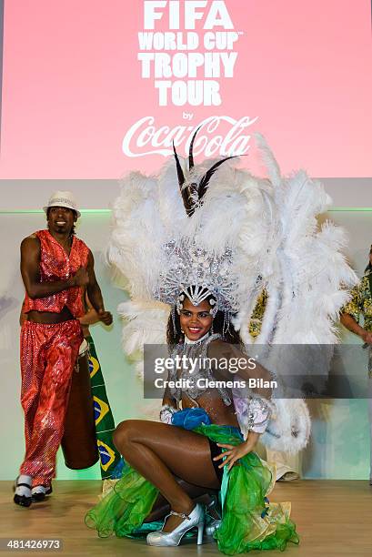 Dancers of Tangara Brasil Dance perform at the Gala Night of the FIFA World Cup Trophy Tour on March 29, 2014 in Berlin, Germany.