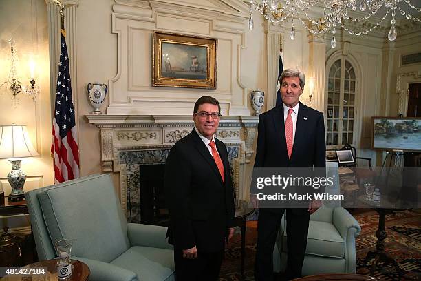 Secretary of State John Kerry meets with Cuba Foreign Minister Bruno Rodriguez at the State Department July 20, 2015 in Washington, DC. Today the...