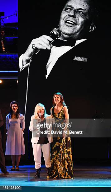 Nancy Sinatra and daughter Amanda Lambert speak at the curtain call during the press night performance of "Sinatra At The London Palladium" at the...