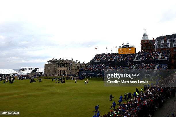 General view as Zach Johnson of the United States putts on the 18th green in the playoff during the final round of the 144th Open Championship at The...
