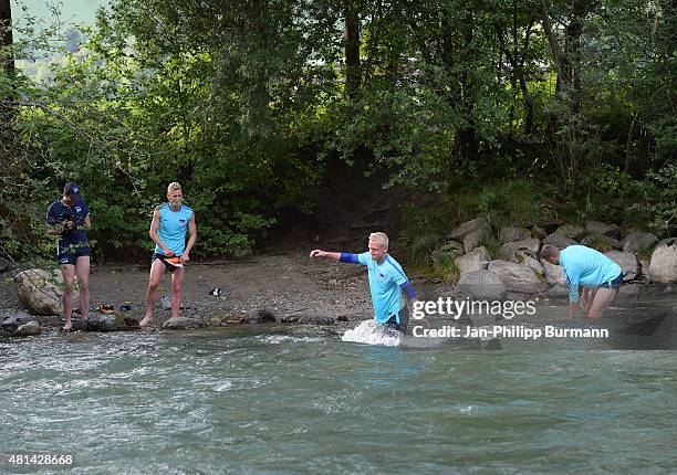 Fabian Lustenberger, Sascha Burchert and Jens Hegeler of Hertha BSC during the training camp in Schladming on July 20, 2015 in Schladming, Austria.