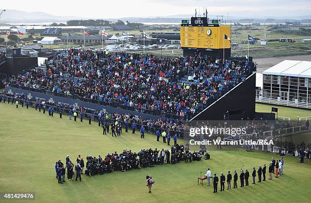 General view as Zach Johnson of the United States is presented with the Claret Jug after winning during the play off of the 144th Open Championship...