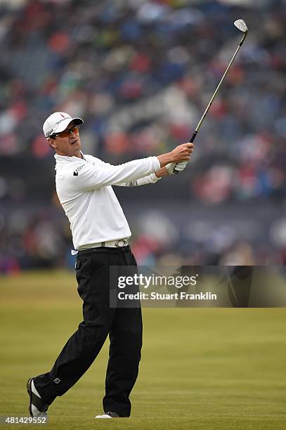 Zach Johnson of the United States plays his approach shot on the second hole in the playoff during the final round of the 144th Open Championship at...