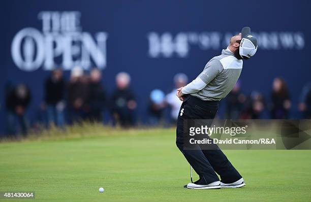 Louis Oosthuizen of South Africa reacts after missing a par putt on the 17th hole during the play off of the 144th Open Championship at The Old...