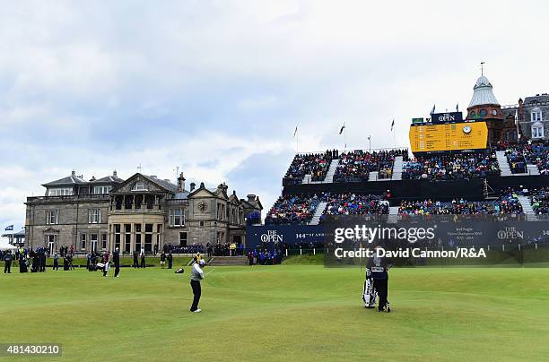 Louis Oosthuizen of South Africa plays his second shot on the 18th hole in the playoff during the final round of the 144th Open Championship at The...