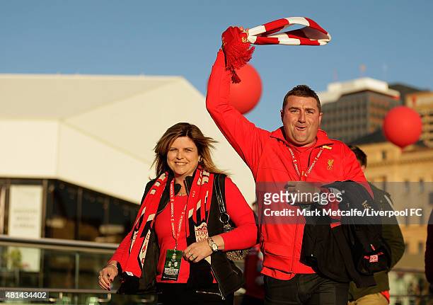 Liverpool fans walk to the ground prior to the international friendly match between Adelaide United and Liverpool FC at Adelaide Oval on July 20,...