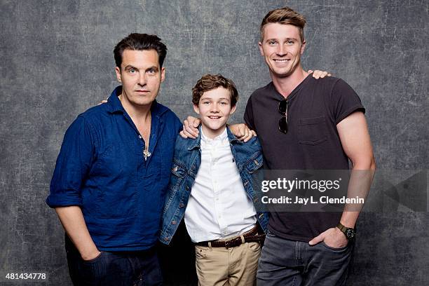 Joe Wright, Levi Miller, and Garrett Hedlund of 'Pan' pose for a portrait at Comic-Con International 2015 for Los Angeles Times on July 9, 2015 in...