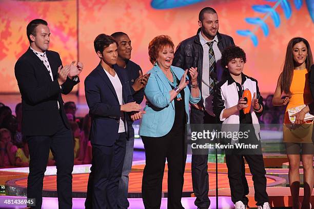 Actors Nathan Kress, Noah Munck, Leon Thomas III, Maree Cheatham, Zoran Korach, Cameron Ocasio and Ariana Grande speak onstage during Nickelodeon's...