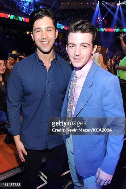 Actors Josh Peck and Drake Bell attend Nickelodeon's 27th Annual Kids' Choice Awards held at USC Galen Center on March 29, 2014 in Los Angeles,...