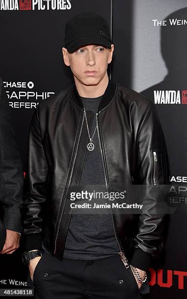 Rapper Eminem attends the New York premiere of "Southpaw" at AMC Loews Lincoln Square on July 20, 2015 in New York City.