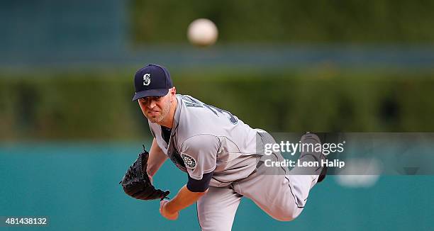 Happ of the Seattle Mariners warms up prior to the start of the game against the Detroit Tigers on July 20, 2015 at Comerica Park in Detroit,...