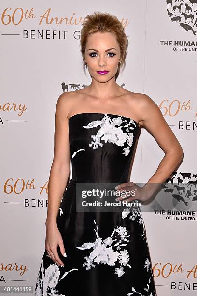 Laura Vandervoort attends the Humane Society of the United States 60th Anniversary Benefit Gala at The Beverly Hilton Hotel on March 29, 2014 in...