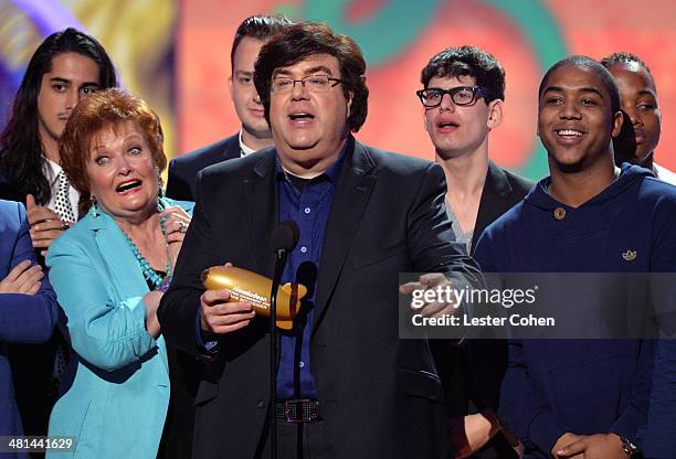 Producer Dan Schneider and actors from his shows speak onstage during Nickelodeon's 27th Annual Kids' Choice Awards held at USC Galen Center on March...
