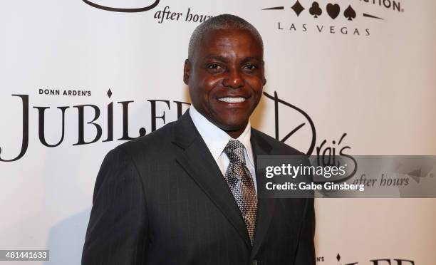 Former Olympian Carl Lewis arrives at the "Jubilee" show's grand re-opening at Bally's Las Vegas on March 29, 2014 in Las Vegas, Nevada.