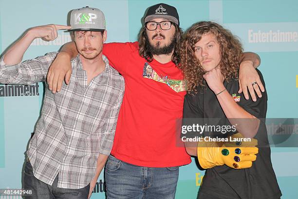 Actors Anders Holm, Kyle Newacheck and Blake Anderson arrive at the Entertainment Weekly celebration at Float at Hard Rock Hotel San Diego on July...