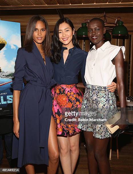 Cindy Bruna, Liu Wen and Grace Bol attend a Dinner Honoring The Women Of "Pixels" at Upland on July 20, 2015 in New York City.