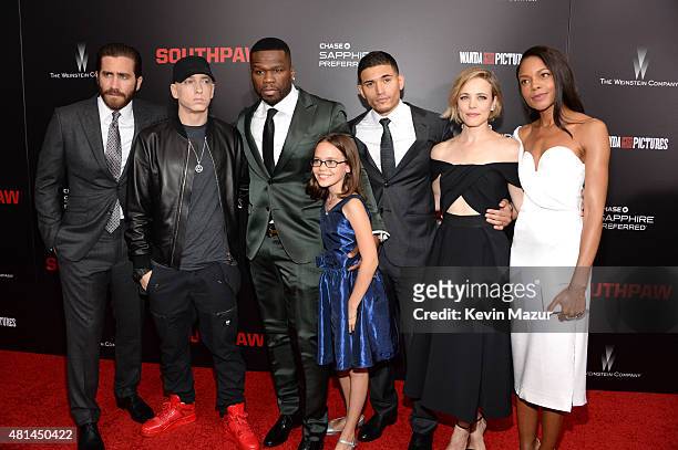 Jake Gyllenhaal, Eminem, 50 Cent, Oona Laurence, Miguel Gomez, Rachel McAdams, and Naomie Harris attend the "Southpaw" New York premiere at AMC Loews...