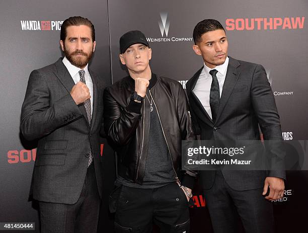 Jake Gyllenhaal, Eminem and Miguel Gomez attend the "Southpaw" New York premiere at AMC Loews Lincoln Square on July 20, 2015 in New York City.