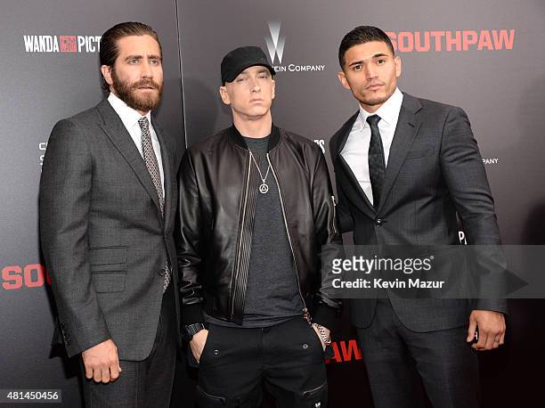 Jake Gyllenhaal, Eminem and Miguel Gomez attend the "Southpaw" New York premiere at AMC Loews Lincoln Square on July 20, 2015 in New York City.