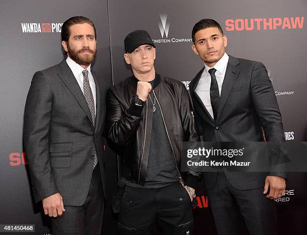 Jake Gyllenhaal, Eminem and Miguel Gomez attend the "Southpaw" New York premiere at AMC Loews Lincoln Square on July 20, 2015 in New York City.