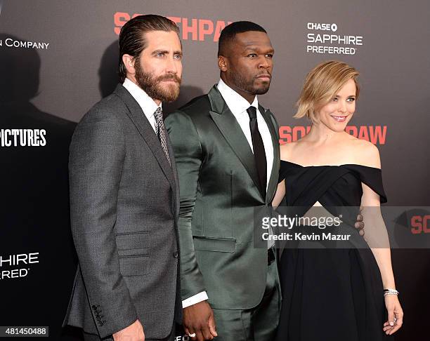 Jake Gyllenhaal, 50 Cent and Rachel McAdams attend the "Southpaw" New York premiere at AMC Loews Lincoln Square on July 20, 2015 in New York City.