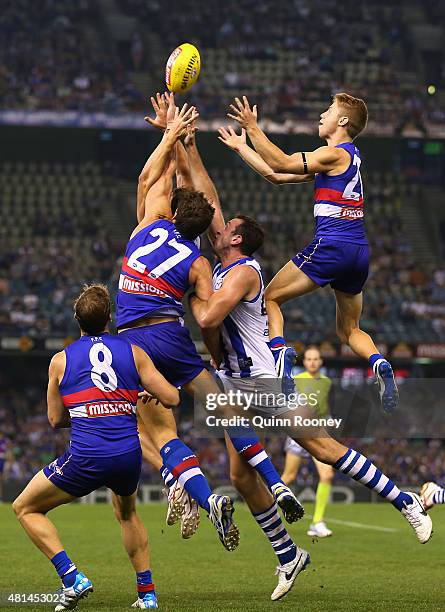 Lachie Hunter of the Bulldogs marks during the round two AFL match between the Western Bulldogs and the North Melbourne Kangaroos at Etihad Stadium...