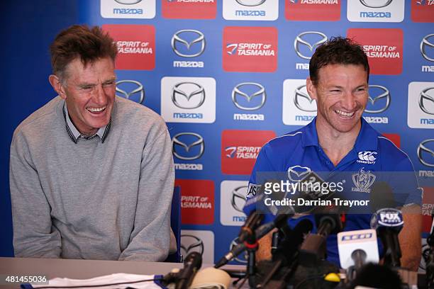 Michael Tuck and Brent Harvey of the speak to the media Kangaroos during an AFL media opportunity at Arden Street Ground on July 21, 2015 in...
