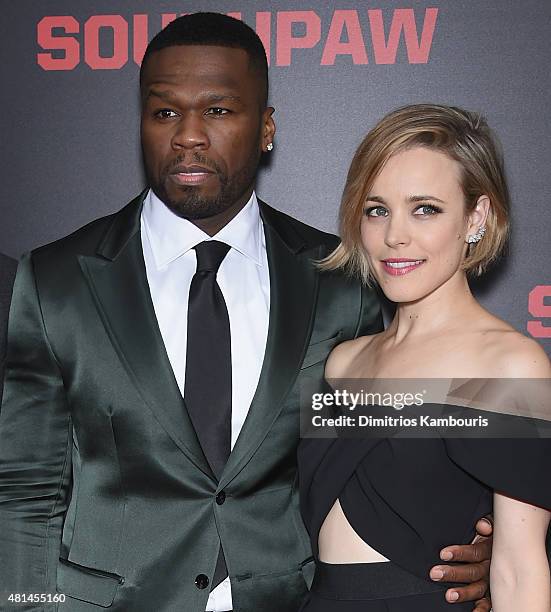 Rapper 50 Cent and actress Rachel McAdams attend the 'Southpaw' New York Premiere at AMC Loews Lincoln Square on July 20, 2015 in New York City.