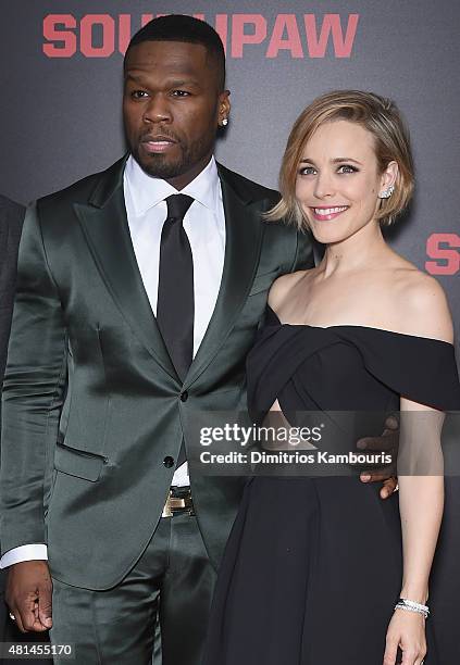 Rapper 50 Cent and actress Rachel McAdams attend the 'Southpaw' New York Premiere at AMC Loews Lincoln Square on July 20, 2015 in New York City.