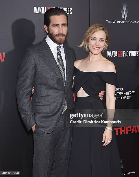 Actors Jake Gyllenhaal and Rachel McAdams attend the 'Southpaw' New York Premiere at AMC Loews Lincoln Square on July 20, 2015 in New York City.