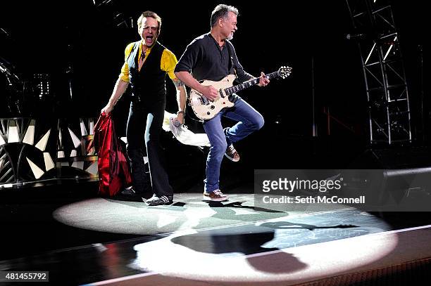 David Lee Roth and Eddie Van Halen of Van Halen perform at Red Rocks Amphitheatre on July 20, 2015 in Morrison, Colorado.