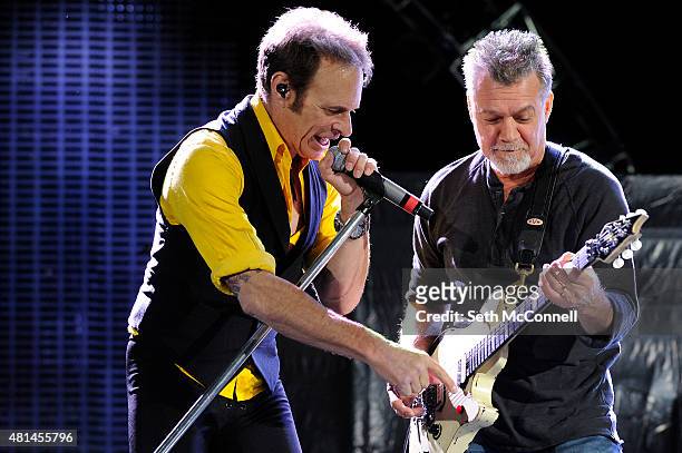 David Lee Roth and Eddie Van Halen of Van Halen perform at Red Rocks Amphitheatre on July 20, 2015 in Morrison, Colorado.