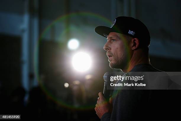 Australian surfer Mick Fanning speaks to the media during a press conference at All Sorts Sports Factory on July 21, 2015 in Sydney, Australia....