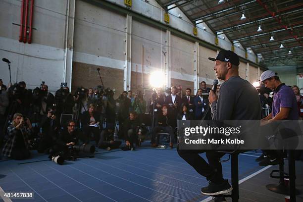 Australian surfers Mick Fanning and Julian Wilson speak to the media during a press conference at All Sorts Sports Factory on July 21, 2015 in...