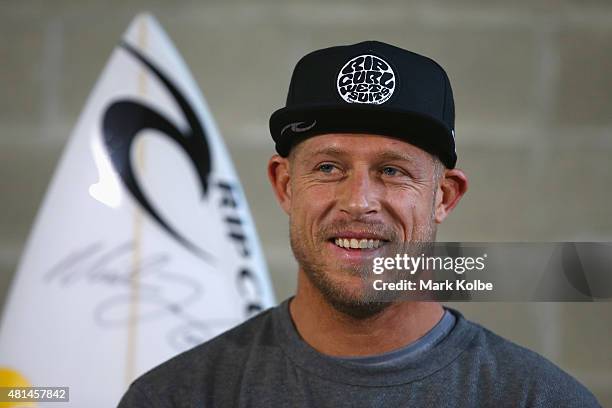 Australian surfer Mick Fanning speaks to the media during a press conference at All Sorts Sports Factory on July 21, 2015 in Sydney, Australia....