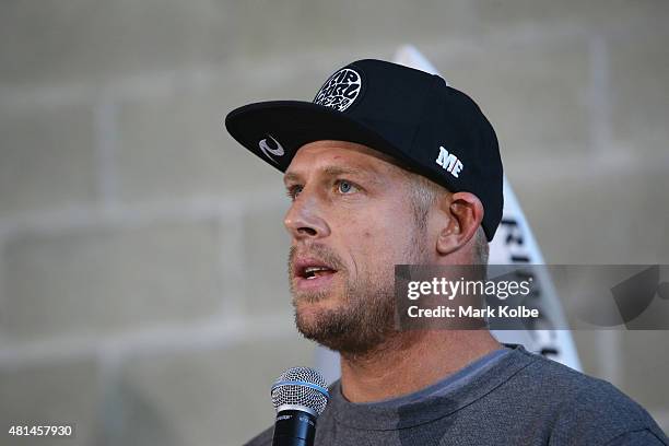 Australian surfer Mick Fanning speaks to the media during a press conference at All Sorts Sports Factory on July 21, 2015 in Sydney, Australia....