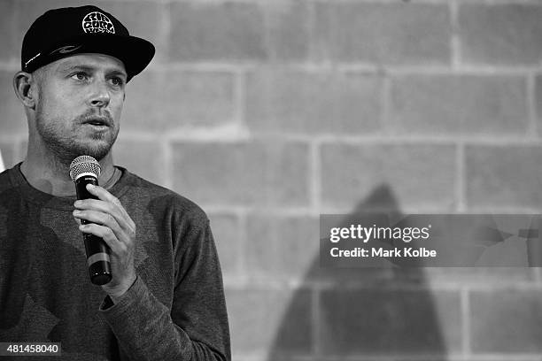 Australian surfer Mick Fanning speaks to the media during a press conference at All Sorts Sports Factory on July 21, 2015 in Sydney, Australia....