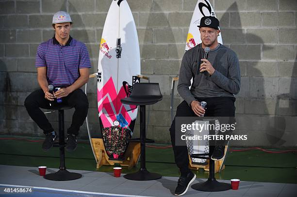 Australian surf champion Mick Fanning and his friend Julian Wilson recount their close encounter with a shark at a press conference held in Sydney...