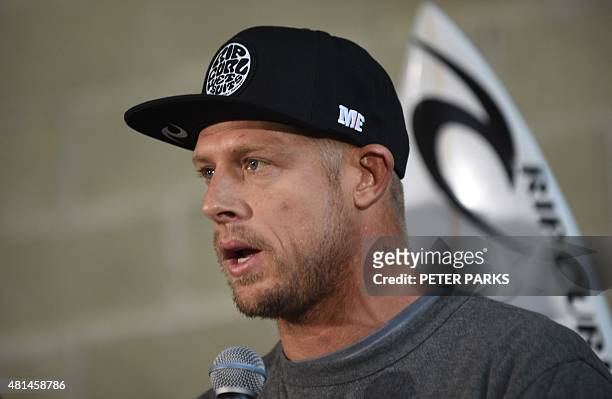Australian surf champion Mick Fanning recounts his close encounter with a shark at a press conference in Sydney on July 21 after he flew in from...