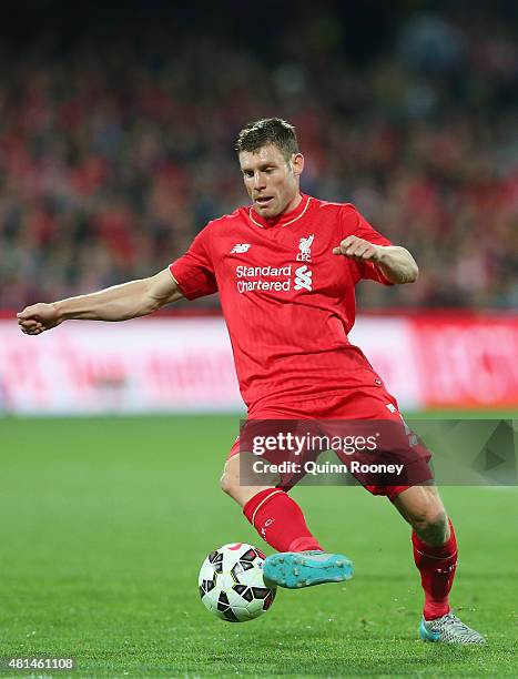 James Milner of Liverpool FC looks to pass the ball during the international friendly match between Adelaide United and Liverpool FC at Adelaide Oval...