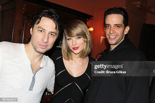 Zach Braff, Taylor Swift and Nick Cordero pose backstage at the new musical "Bullets Over Broadway" on Broadway at The St. James Theater on March 29,...