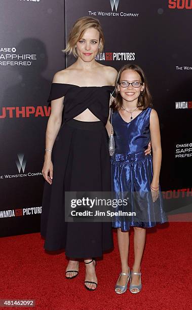 Actors Rachel McAdams and Oona Laurence attend the "Southpaw" New York premiere at AMC Loews Lincoln Square on July 20, 2015 in New York City.