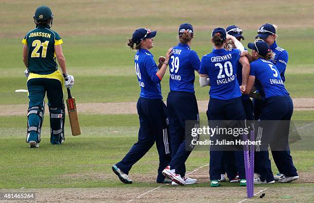 England players celebrate the wicket of Jess Jonassen of Australia during the 1st Royal London ODI of the Women's Ashes Series between England Women...