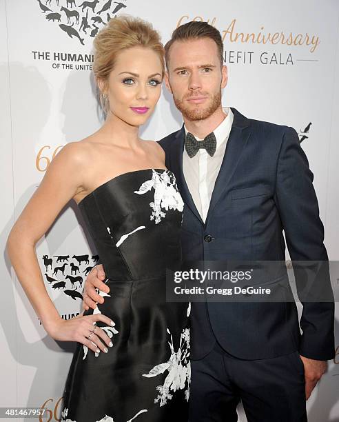 Actress Laura Vandervoort and Oliver Trevena arrive at The Humane Society Of The United States 60th anniversary benefit gala at The Beverly Hilton...