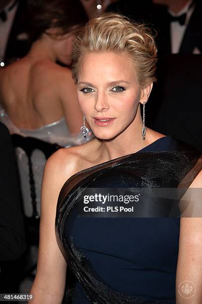 Princess Charlene of Monaco attends the Rose Ball 2014 in aid of the Princess Grace Foundation at Sporting Monte-Carlo on March 29, 2014 in...