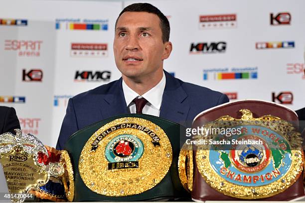 Wladimir Klitschko arrives for a press conference for his fight against Tyson Fury at Esprit-Arena on July 21, 2015 in Duesseldorf, Germany.